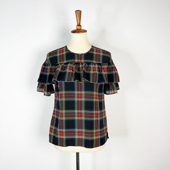 J. Crew red yellow green black plaid chiffon ruffle short sleeve top Size 0 - Picture 1 of 6